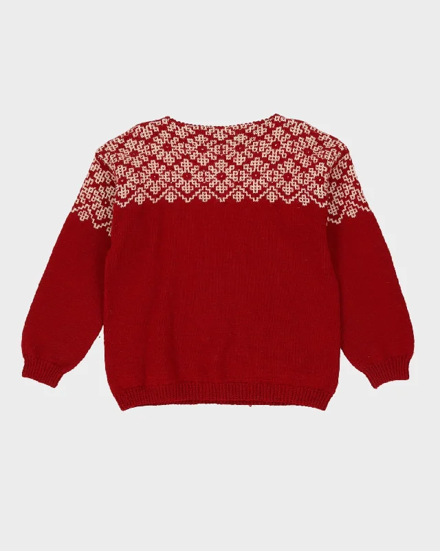 Vintage 1980s Red Wool Hand Knitted Jumper - M