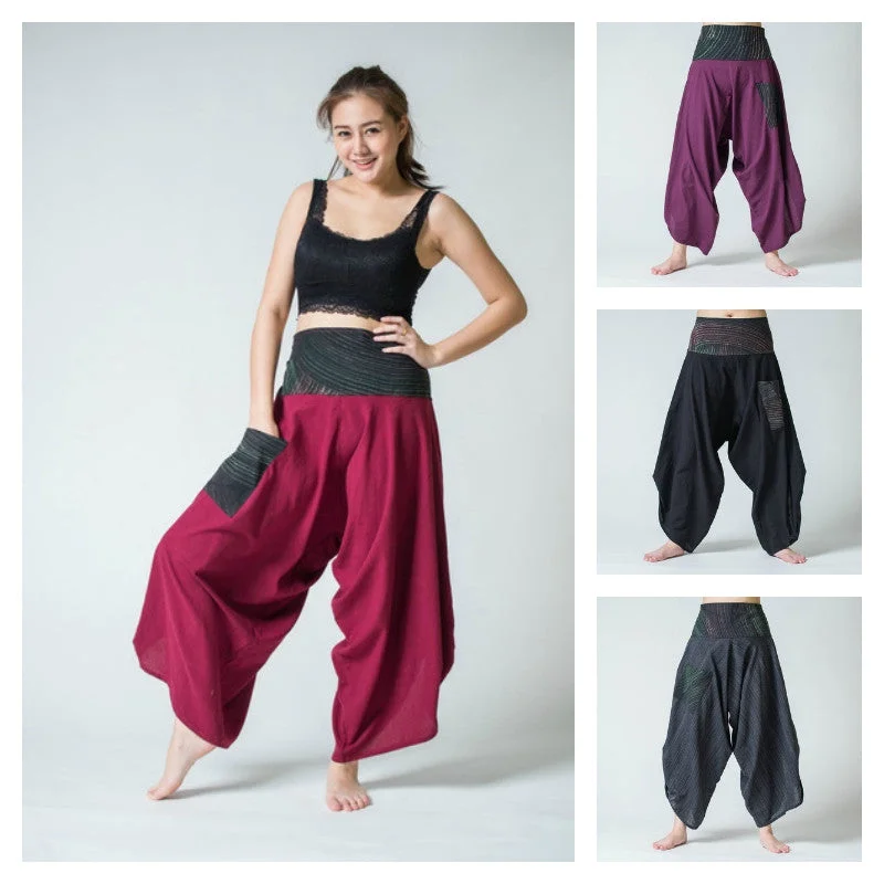 Assorted Set of 5 Women's Thai Button Up Cotton Pants with Hill Tribe Trim Elegant Wool Trousers Assorted Set of 5 Women's Thai Button Up Cotton Pants with Hill Tribe Trim Elegant Wool Trousers