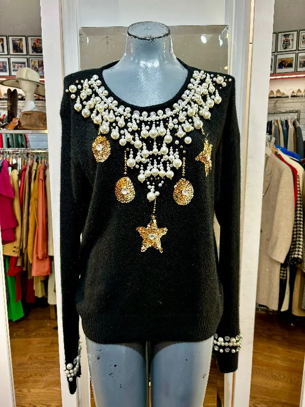 80’s Black Knit Adorned Collar with Pearl and Sequins Sweater