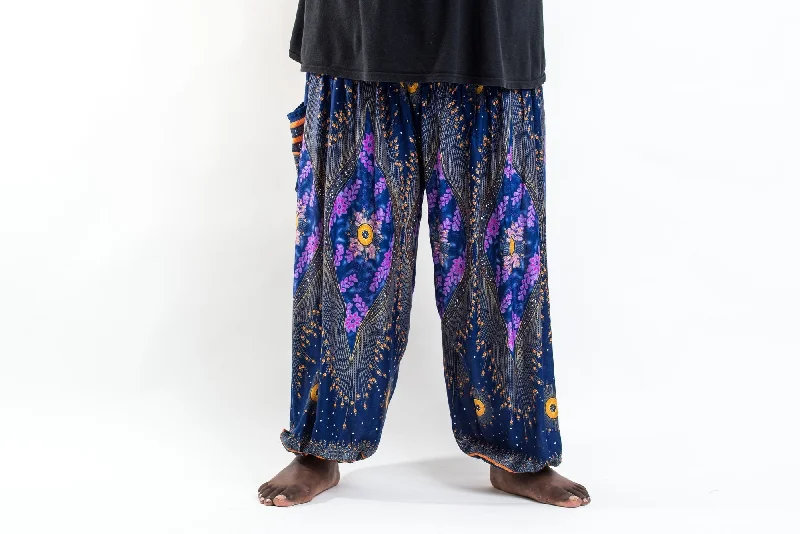Plus Size Peacock Eye Unisex Harem Pants in Blue Casual Yoga Pants