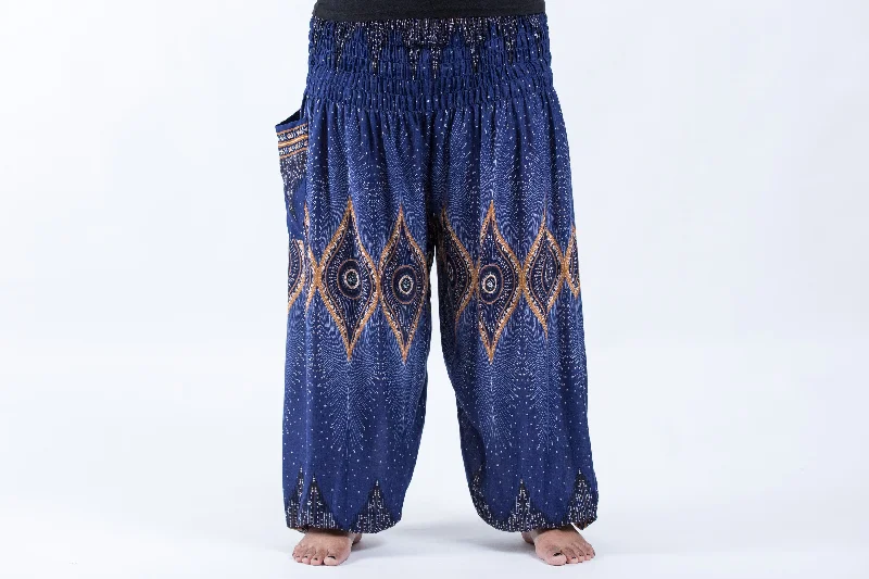 Plus Size Diamond Peacock Unisex Harem Pants in Blue Elegant Palazzo Trousers