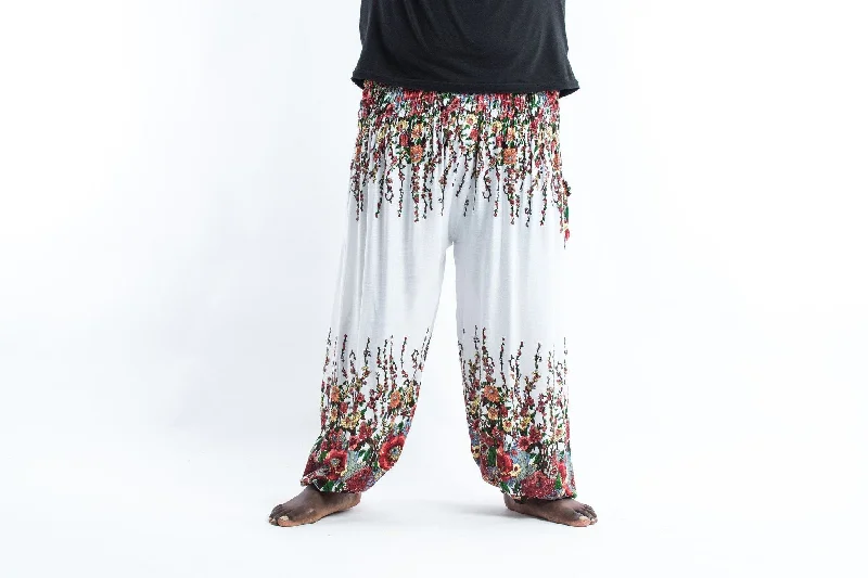 Plus Size Floral Unisex Harem Pants in White Formal Linen Trousers
