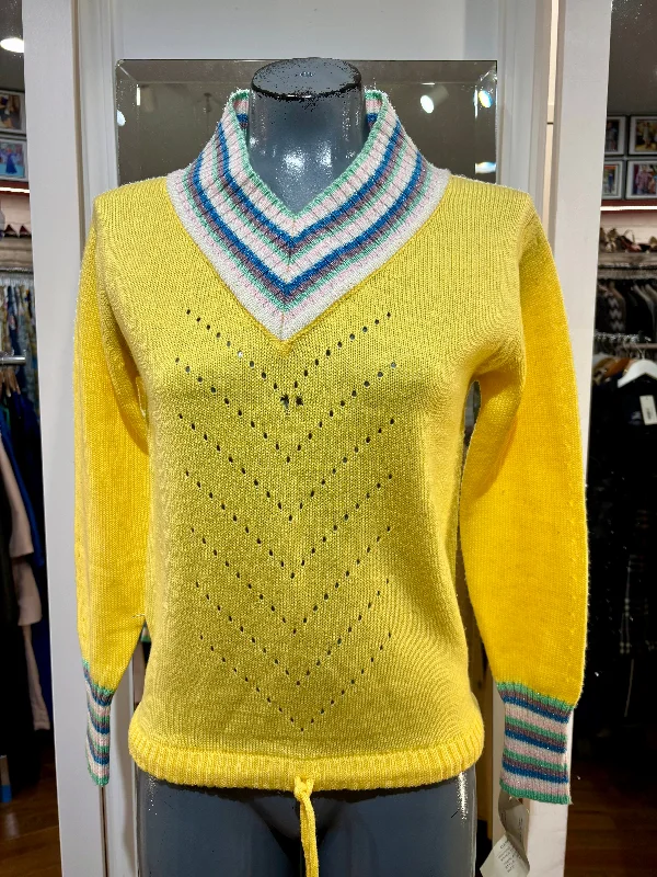 90’s Pale Yellow V Neck Multicolor Stripe Collar Sweater