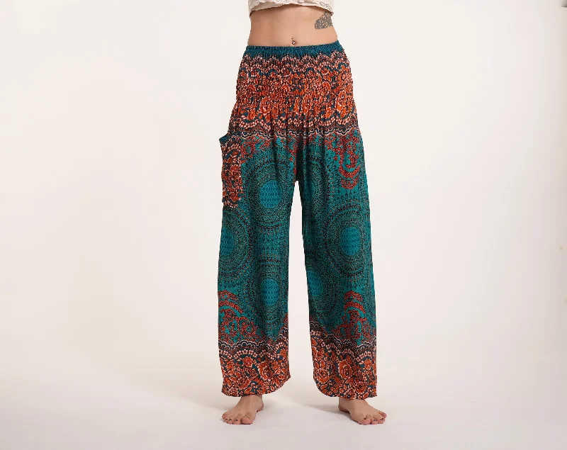 Geometric Mandalas Unisex Harem Pants in Turquoise Wide-Legged Palazzos