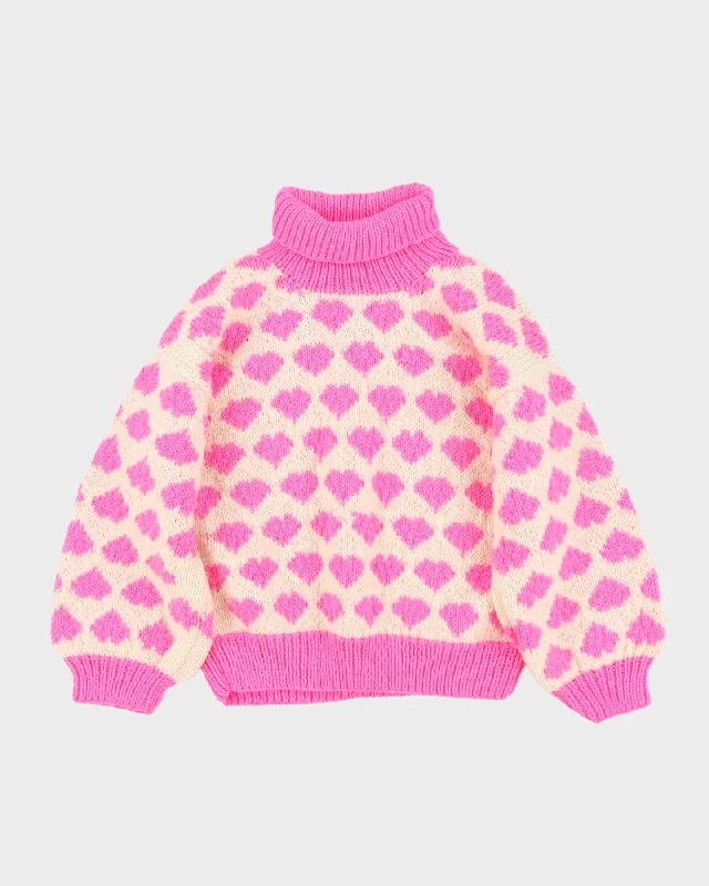 1980s Heart Patterned hand Knitted Jumper - S