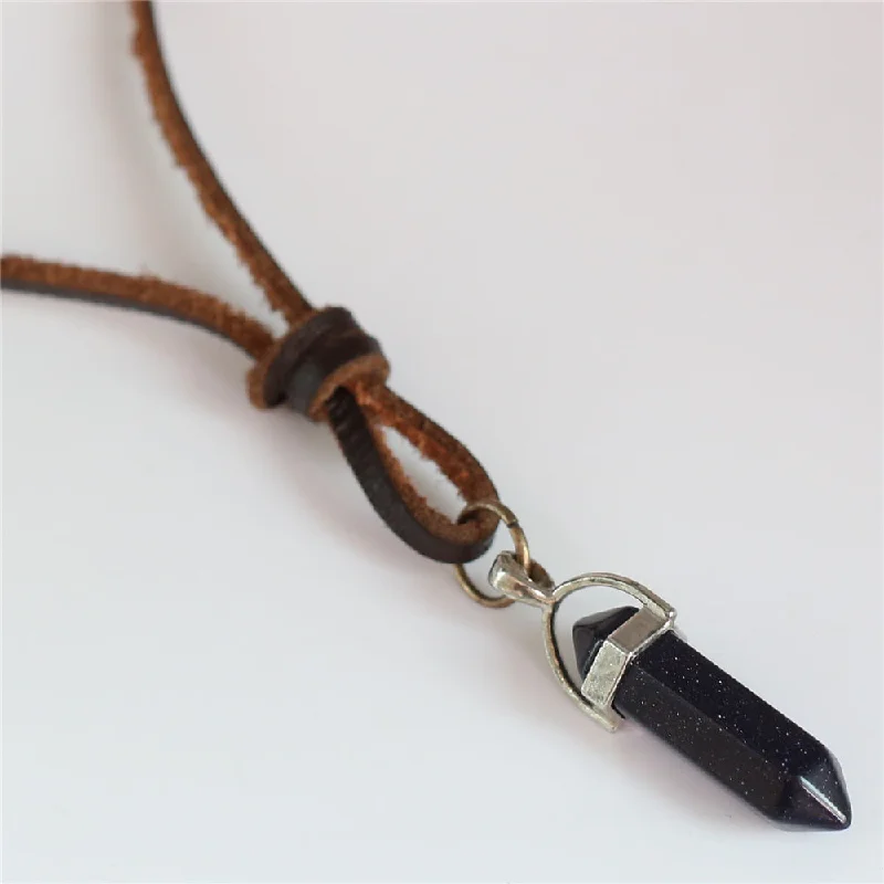 Hot Brown Genuine Top Leather Rope Sweater Chain Blue Sand Stone Pillar Pendant Necklace Men Women Homme Male Cowboy Jewelry