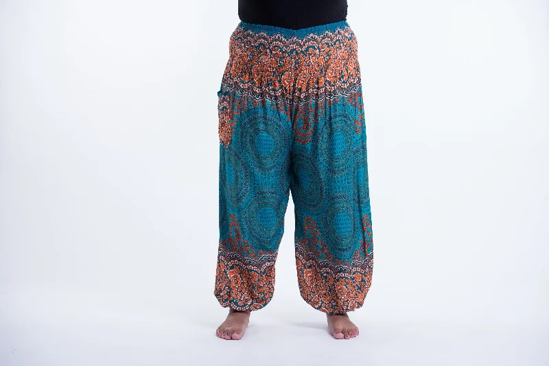 Plus Size Geometric Mandalas Unisex Harem Pants in Turquoise Chic Wool Trousers