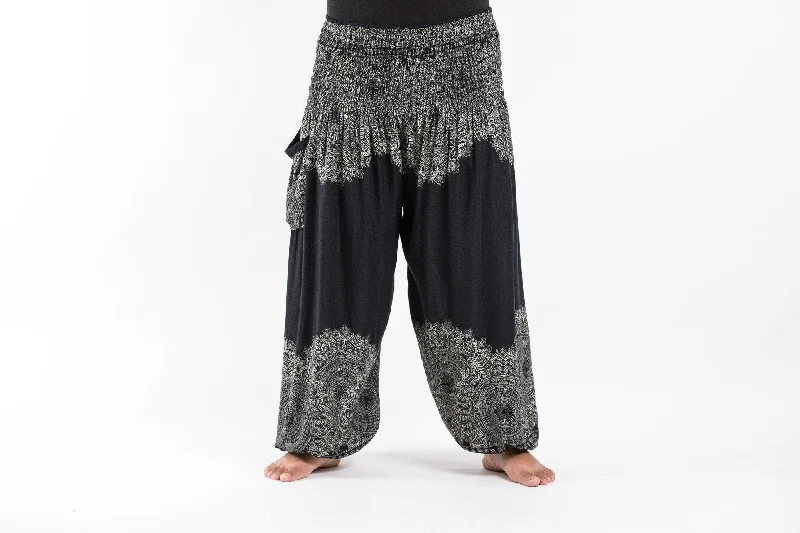 Plus Size Floral Mandalas Unisex Harem Pants in Black Comfortable Maternity Pants