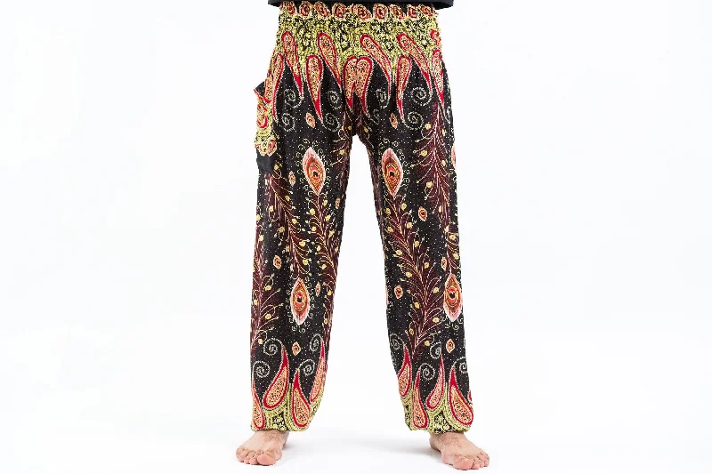 Peacock Paisley Unisex Harem Pants in Black Classic Bootcut Trousers