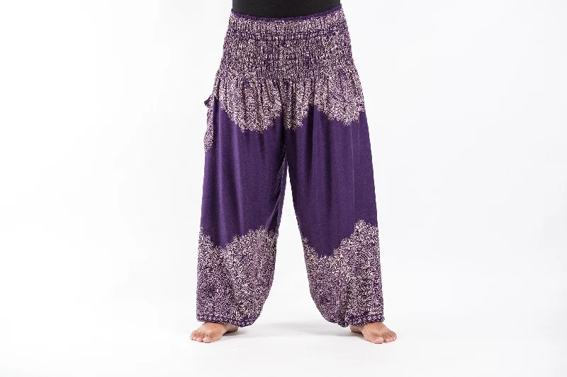 Plus Size Floral Mandalas Unisex Harem Pants in Purple Trendy Printed Leggings