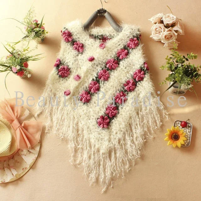 Handmade Crochet Sweaters 2018 Spring Women Mohair Rose Floral Hollow Out Batwing Tassel Wrap Swing Cardigan femininas 5086