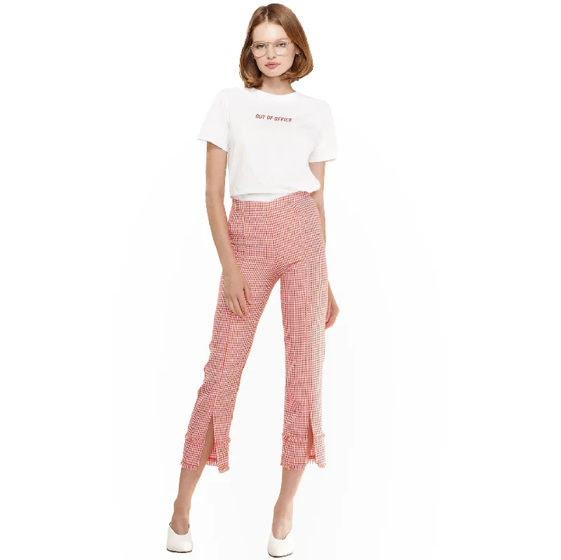 Women's Fringe Trim Slit Hem Gingham Pants in Red Gingham Warm Wool Trousers