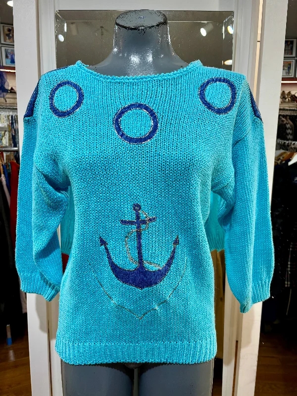 90s Nautical Knit Sweater With Denim Details patch