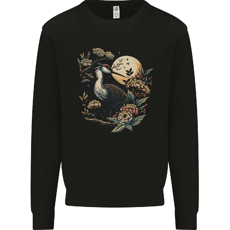 A Crane With Flowers and Moon Bird Mens Sweatshirt Jumper