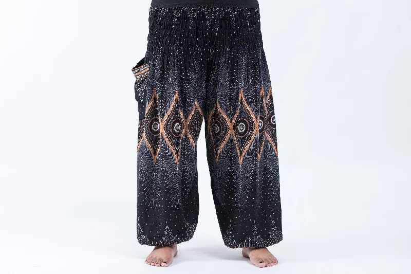Plus Size Diamond Peacock Unisex Harem Pants in Black Relaxed High-Waist Trousers