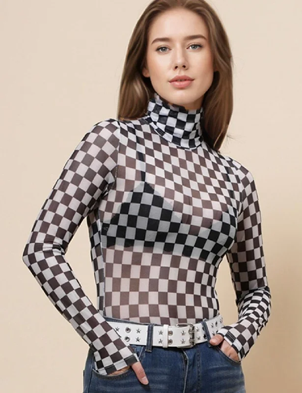 Ladies See Sheer Blouse Grid Print Mesh Layring Top SKT4935