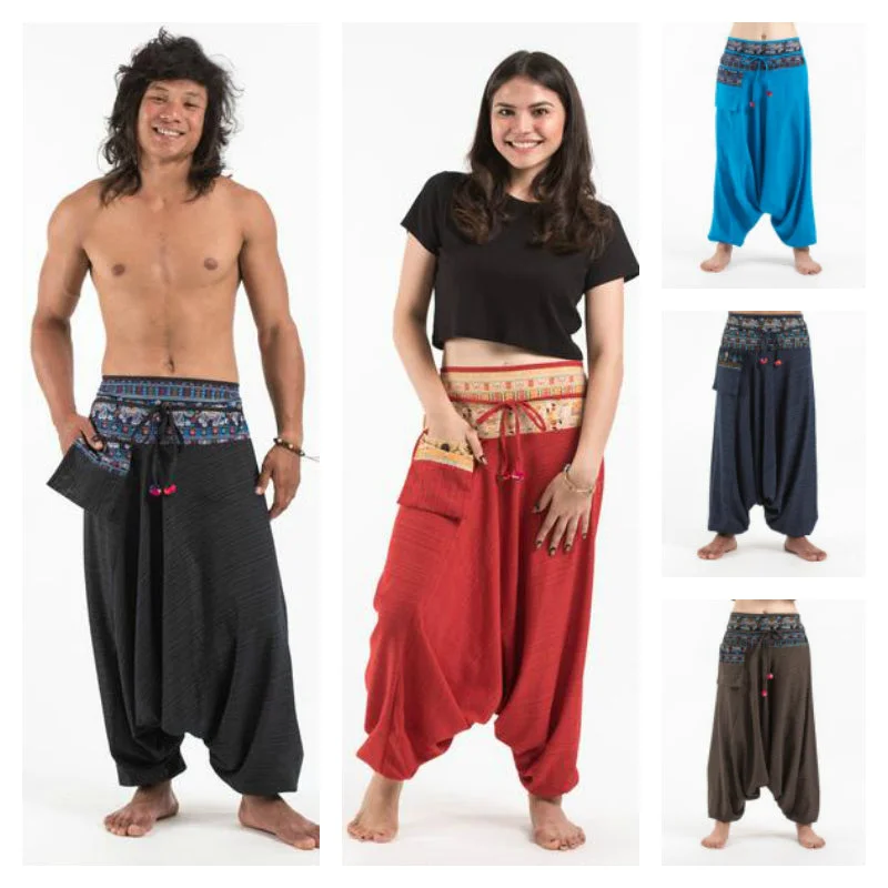 Assorted Set of 5 Unisex Pinstripe Cotton Low Cut Harem Pants with Elephant Trim Classic Chino Pants Assorted Set of 5 Unisex Pinstripe Cotton Low Cut Harem Pants with Elephant Trim Classic Chino Pants