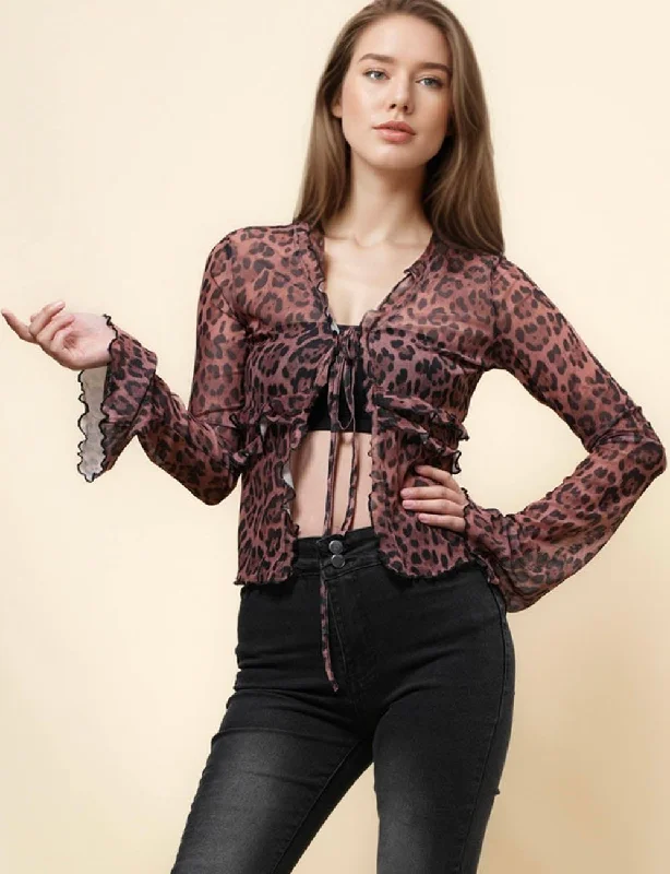 Ladies Leopard See Sheer Mesh Top String Tie Blouse SKT4989