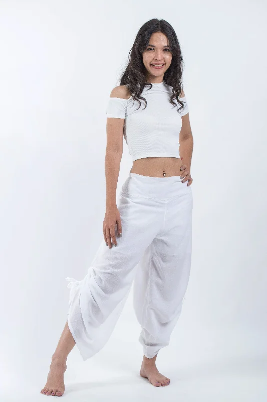 Women's Cotton Side Drawstring Palazzo Pants in White Comfy High-Waist Jeans