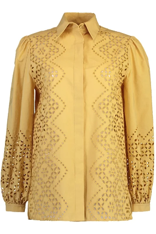 Long Sleeve Eyelet Blouse - Gold