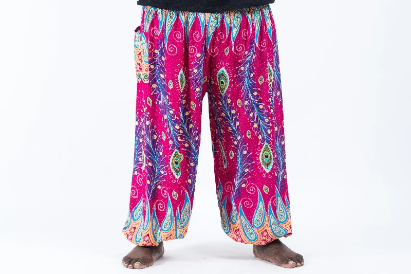 Plus Size Peacock Paisley Unisex Harem Pants in Pink Stretch Fit Pants