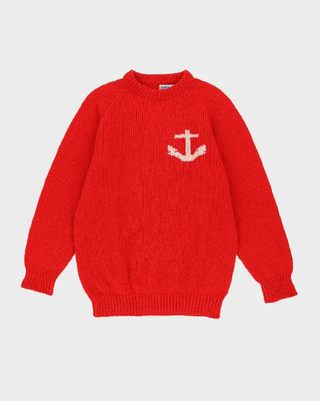 Vintage 1980s Red With Anchor Knitted Jumper - M