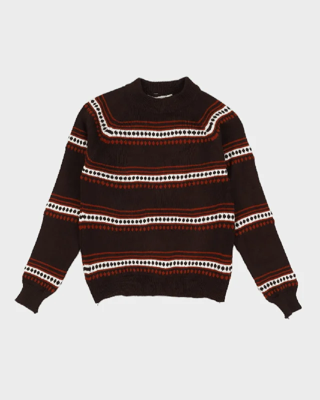 Vintage 1980s Brown Patterned Knitted Jumper - XXS