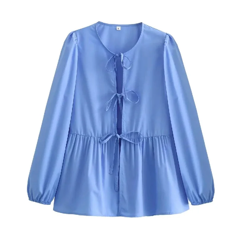 Ladies Puffed Long Sleeves Bowknot Blouse Top B88689