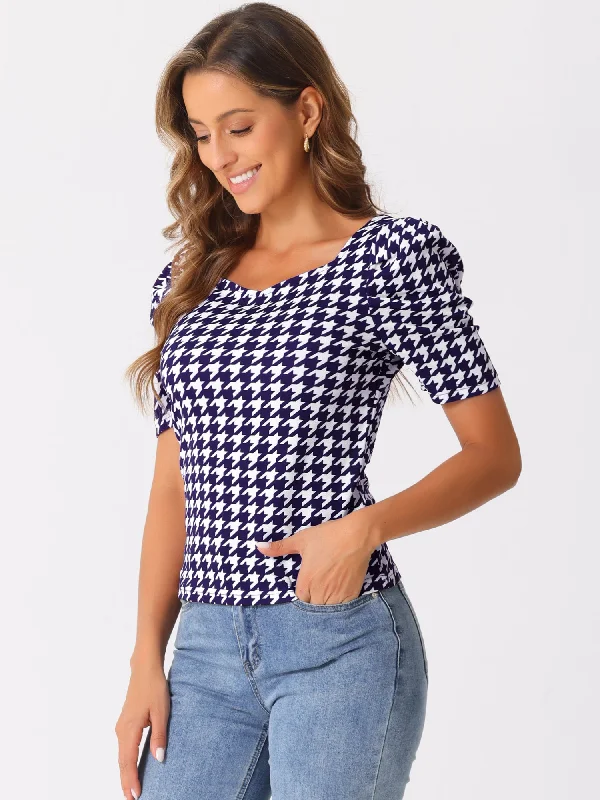 Houndstooth Puff Short Sleeve Square Neck Blouse