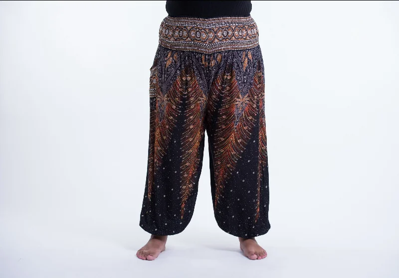 Plus Size Peacock Feathers Unisex Harem Pants in Black Stylish Slim Trousers