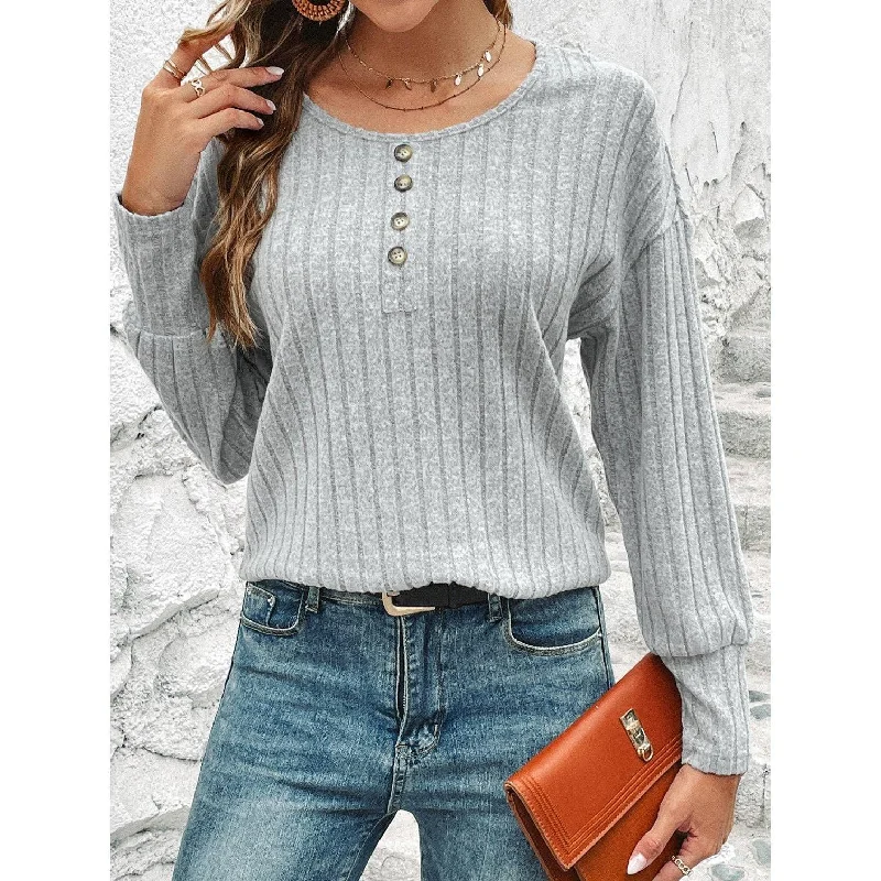 Round Neck Solid Color Button Women Blouse QX23683