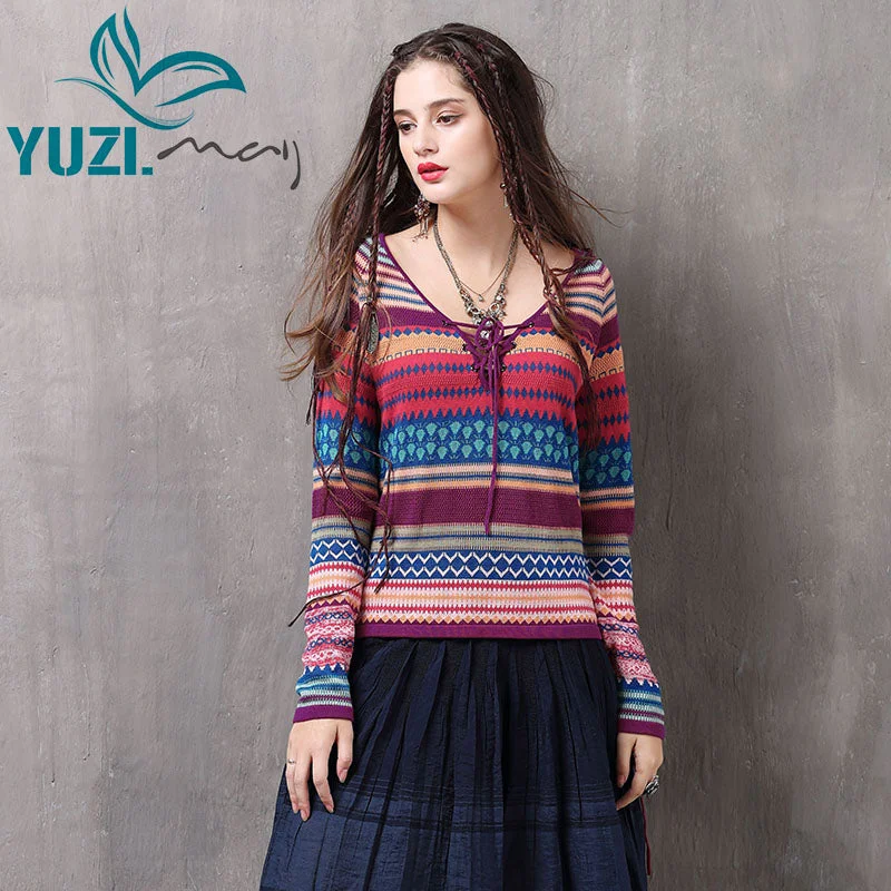 Sweater For Women 2017 Yuzi.may Boho New Cotton Wool Pullover V-Neck Long Sleeve Stripe Knitting Pullovers B9229 Lady's Sweaters