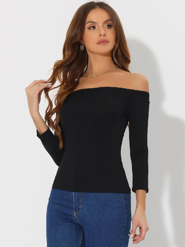 Off Shoulder 3/4 Sleeves Solid Color Casual Blouse Tops