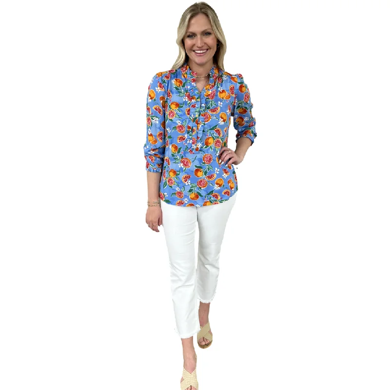 The Carrie Fresh Squeezed Orange Print Blouse in Periwinkle Blue