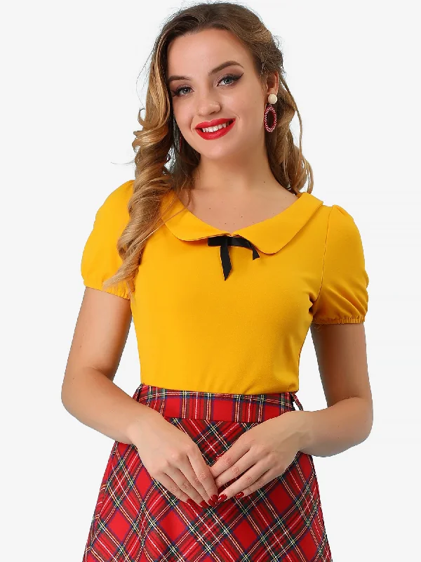 Bow Neck Solid Short Sleeve Peter Pan Collar Blouse