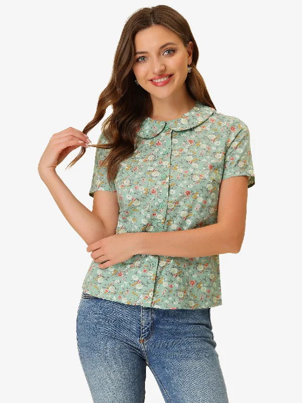 Summer Peter Pan Collar Button Front Vintage Floral Print Blouse