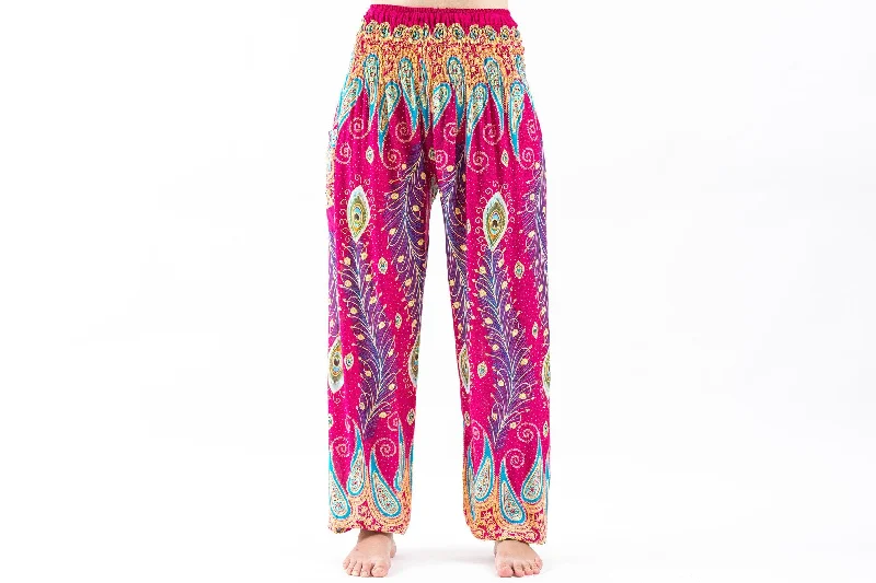 Peacock Paisley Unisex Harem Pants in Pink Formal Wide-Leg Pants
