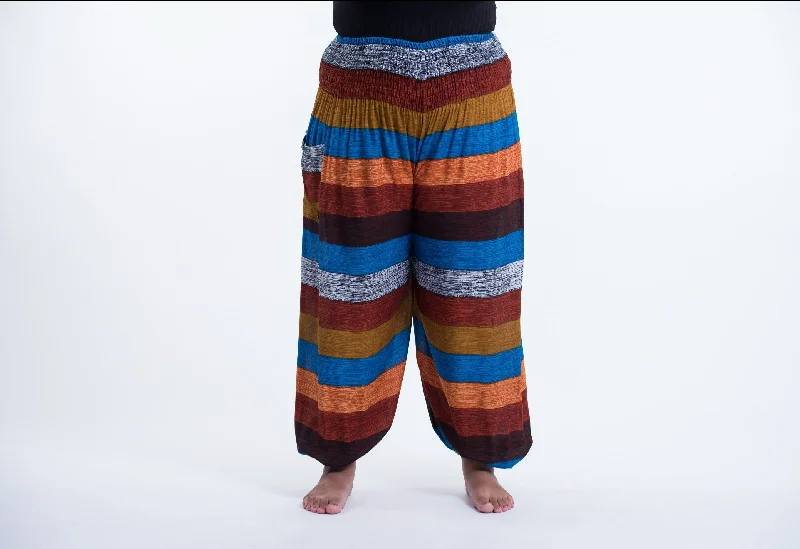 Plus Size Boho Rust Striped Unisex Harem Pants Fashionable Button-Up Pants