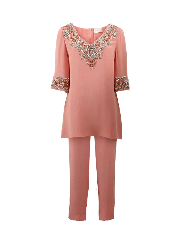 Embroidered Tunic With Pajama Pant Relaxed High-Waist Trousers