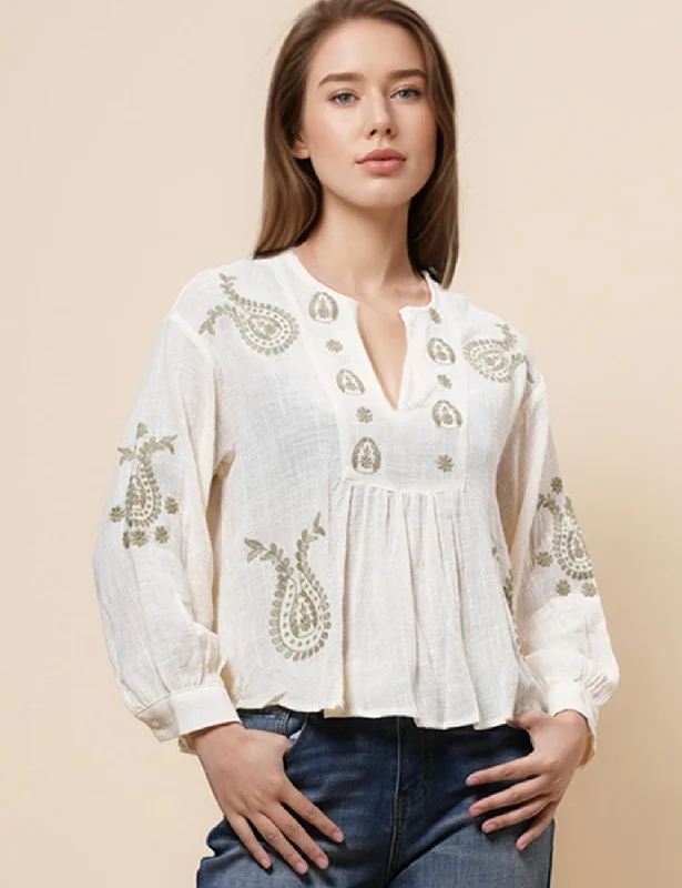 Ladies Casual Cotton Embroidery Blouse Shirt SKT4844