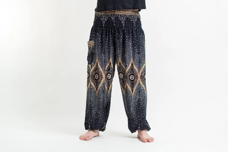 Diamond Peacock Unisex Harem Pants in Black Casual Plaid Pants