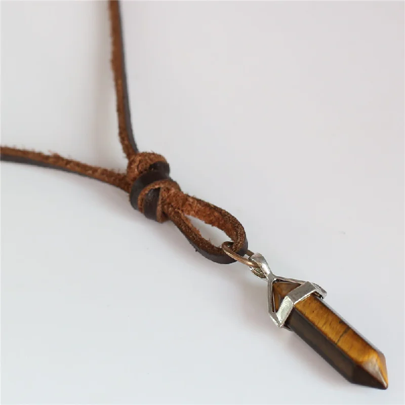 Trendy Brown Genuine Top Leather Sweater Chain Tiger Eye Pillar Stone Pendant Necklace Men Women Homme Male Cowboy Jewelry