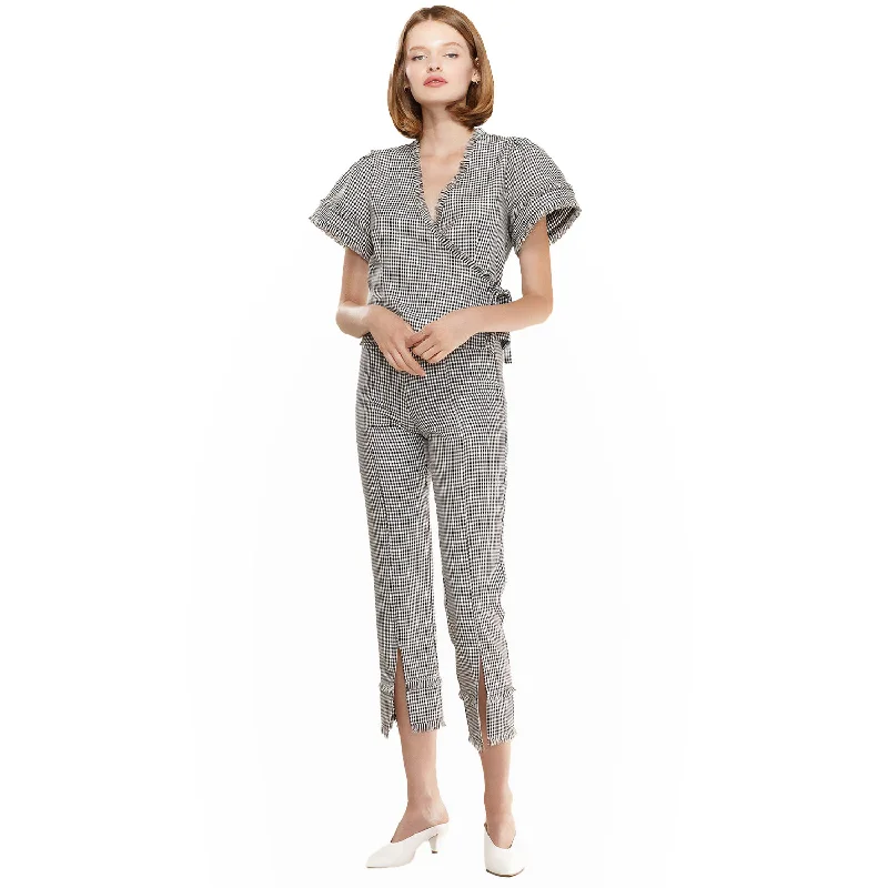 Women's Fringe Trim Slit Hem Gingham Pants in Black Gingham Casual Sweatpants Style