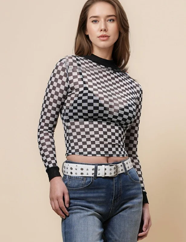 Ladies Color Block Mesh Blouse Grid Print See Sheer Layring Top SKT4938