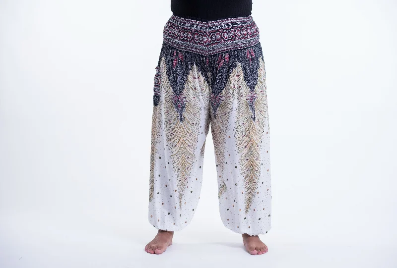 Plus Size Peacock Feathers Unisex Harem Pants in White Cozy Fitted Pants