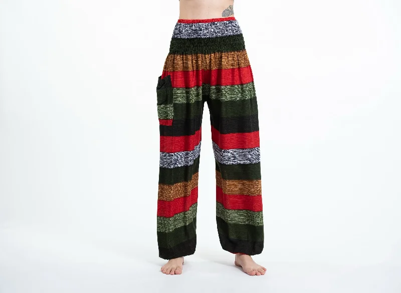 Boho Green Striped Unisex Harem Pants Comfy Zip-Up Pants
