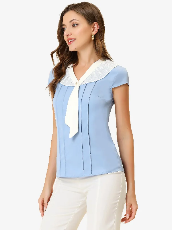 Elegant Cap Sleeve Tie Neck Pleated Work Office Blouse