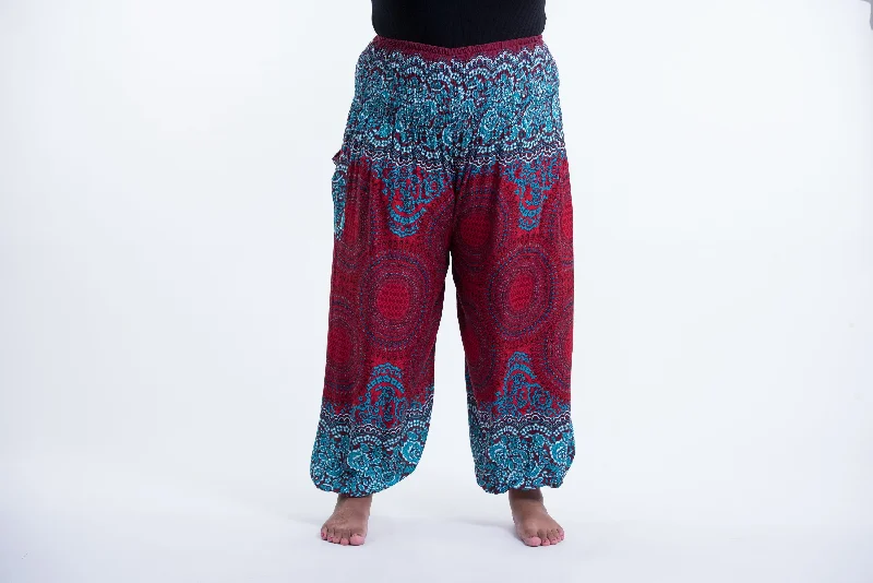 Plus Size Geometric Mandalas Unisex Harem Pants in Red Formal Slim Pants