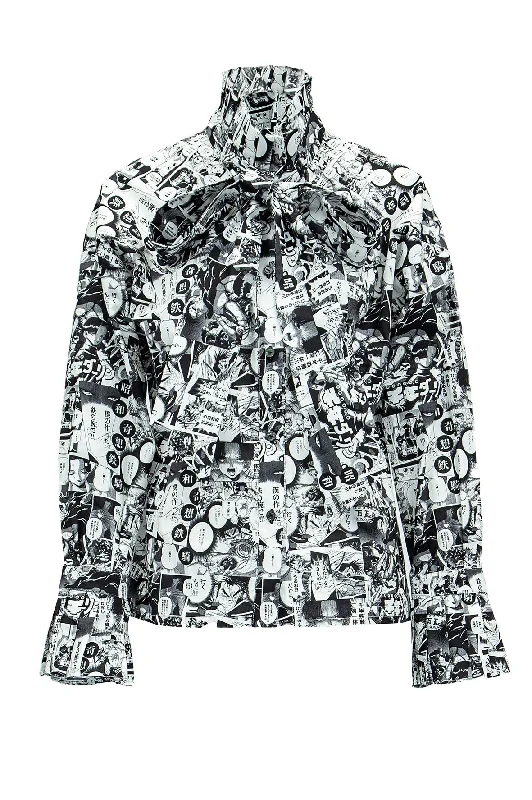 Chelsea - Cotton Blouse in  Comic Print W/ Pleated Collar & Long Bow Tie