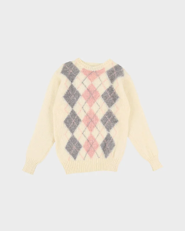 1980s Cream With Pink Diamond Patterned Knitted Jumper - XXS